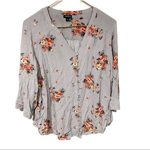 Torrid Plus Size 2X Grey Floral Button Front Rayon Blouse Top